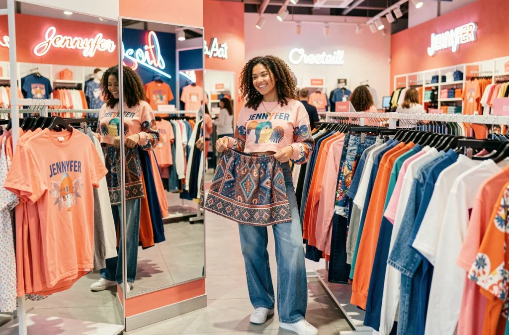 Jeune cliente dans la boutique Jennyfer du centre commercial Créteil Soleil tenant une jupe devant un miroir