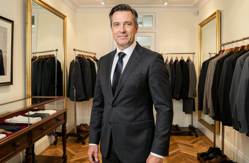 Homme en costume de cérémonie élégant dans la boutique Le Guillou Habilleur à Lyon