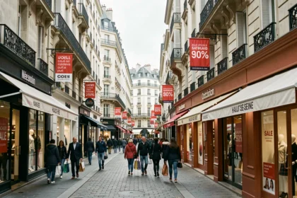 Vue d'une rue commerçante des Hauts-de-Seine avec des magasins d'usine et des enseignes de déstockage en arrière-plan