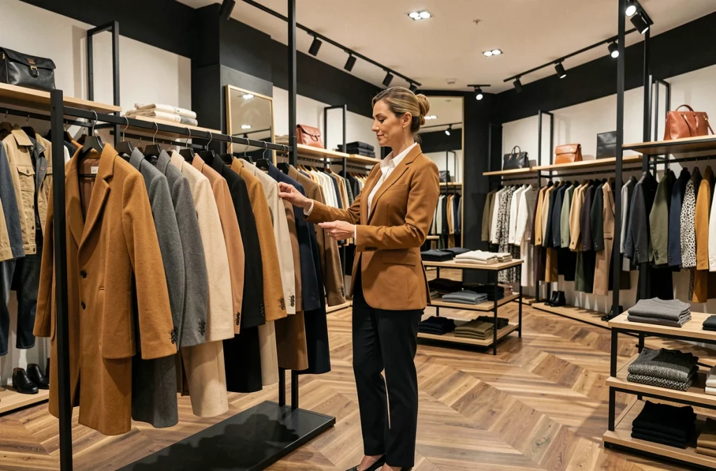 Femme professionnelle parcourant des manteaux structurés dans la boutique Maison 123 du centre commercial Créteil Soleil