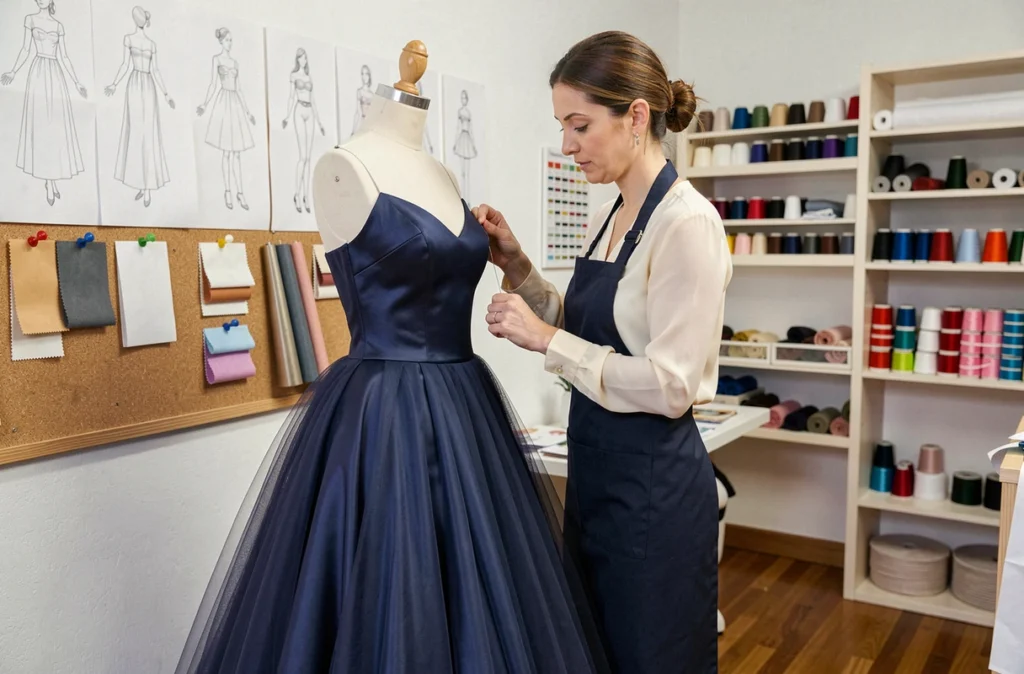 Tailleuse professionnelle de Maison Sandra Loï épinglant une robe de soirée sur un mannequin à Noisy-le-Grand