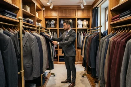 Homme élégant parcourant des costumes dans une boutique de vêtements masculins raffinée en Auvergne-Rhône-Alpes