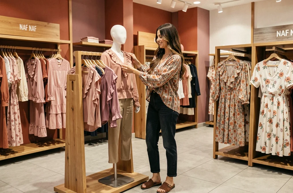 Jeune femme comparant des blouses imprimées dans la boutique Naf Naf du centre commercial Créteil Soleil