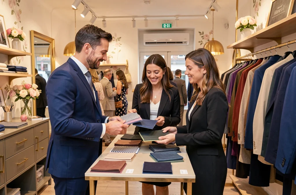 Couple choisissant un costume événementiel dans la boutique New Yam's Cérémonie à Lyon
