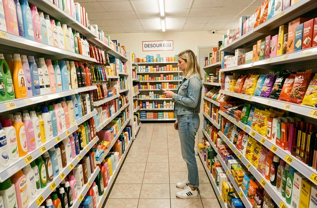 Rayon de produits du quotidien à petit prix dans un magasin Normal, avec des articles de soin et d'entretien