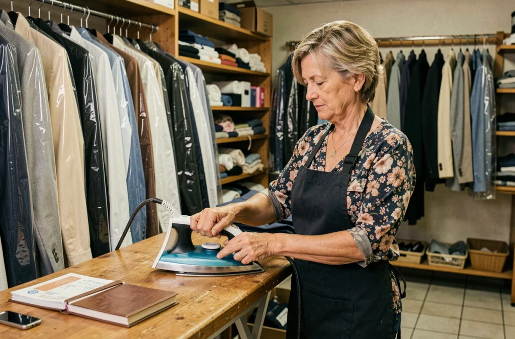 Professionnelle de la retoucherie du centre de Saint-Denis repassant et réparant des vêtements à son comptoir