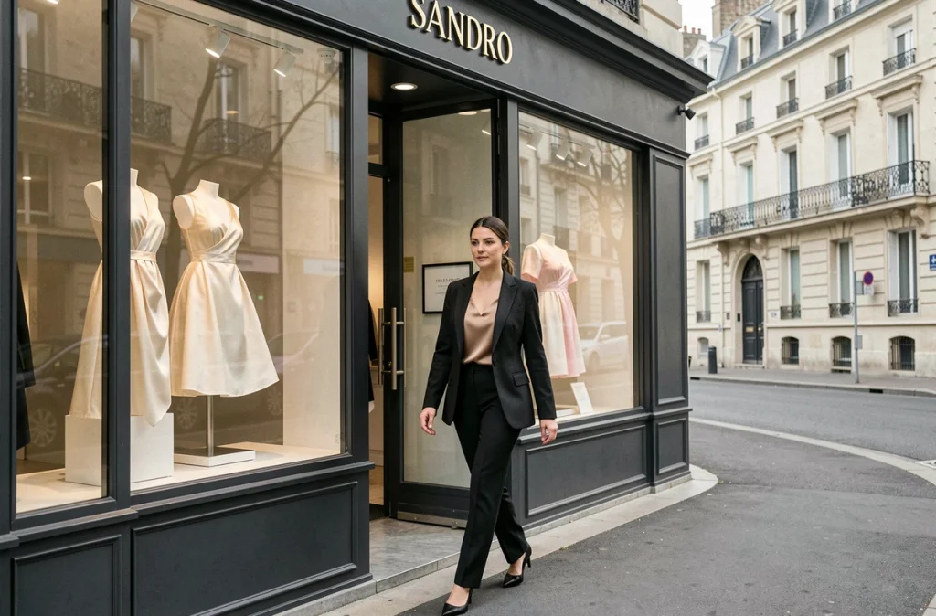 Femme élégante entrant dans la boutique Sandro à Saint-Maur-des-Fossés, façade épurée en arrière-plan