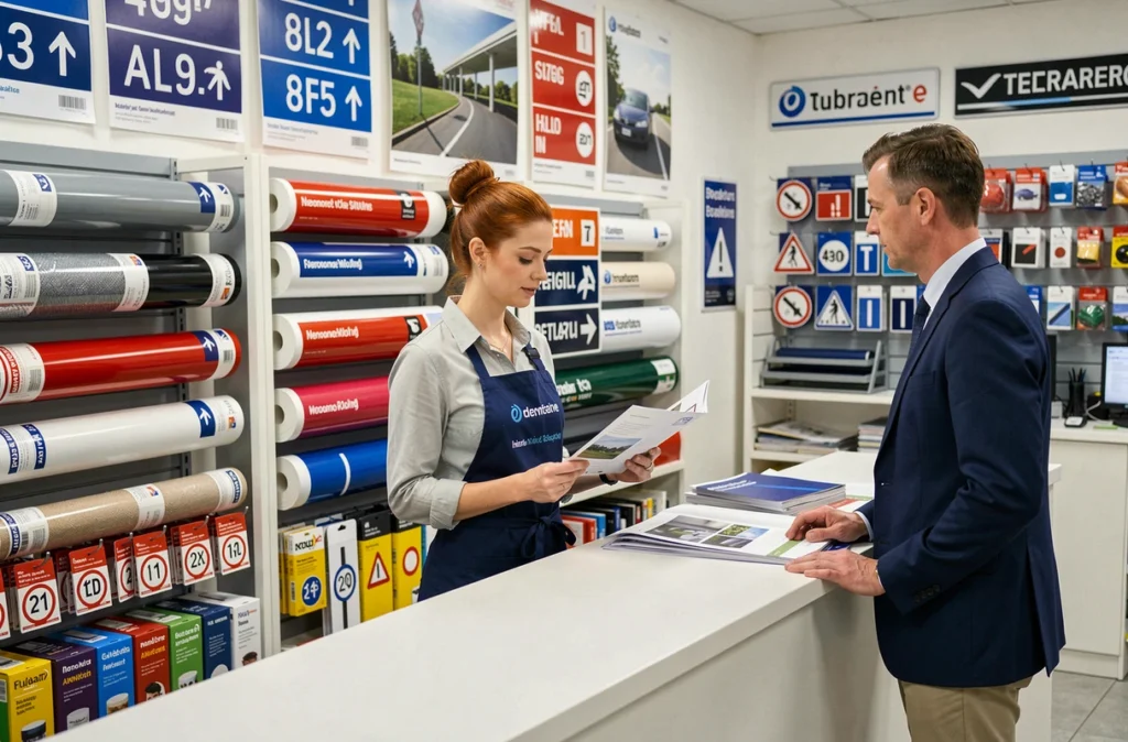 Espace de vente de Signalia avec des rouleaux de signalétique et fournitures professionnelles exposés