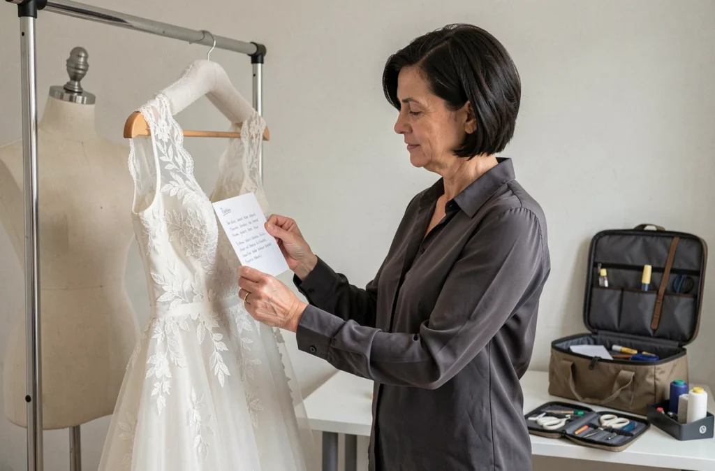 Sonia Bozin Couture examinant des notes de retouche sur une robe de mariée lors d'une intervention à domicile en Seine-Saint-Denis
