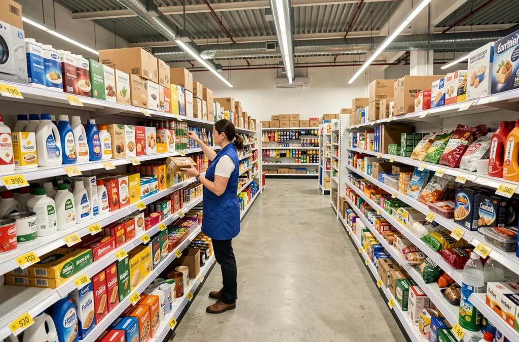 Intérieur d'un magasin Stokomani avec des rayons remplis de produits déstockés à prix réduits
