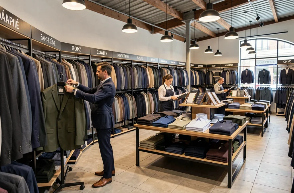 Client choisissant un costume dans le magasin multimarques Vêtements Bayard à Saint-Étienne