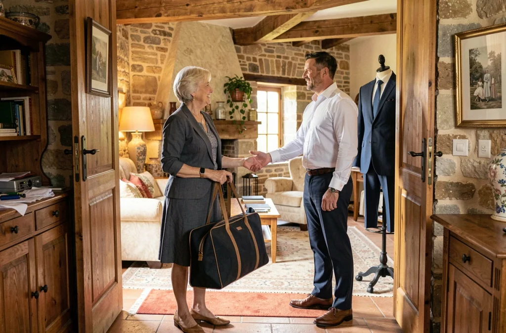 Couturière Zhao Couture arrivant au domicile d'un client pour un service sur-mesure à domicile en Auvergne