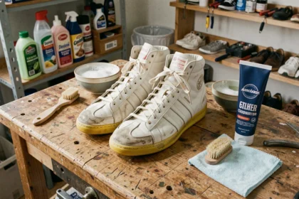 Entretien d'une paire de sneakers Adidas Americana vintage posée sur un établi avec brosse douce, chiffon microfibre et produit de nettoyage cuir